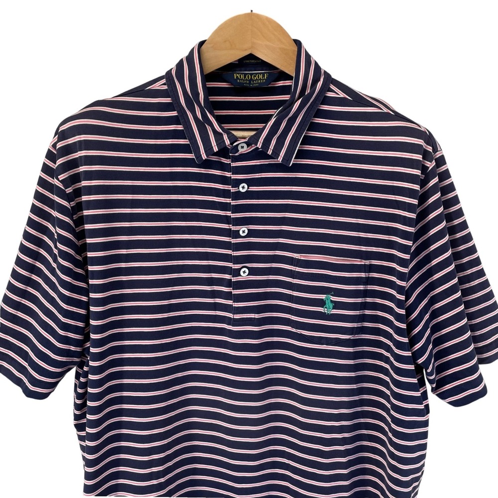 Polo Golf Ralph‎ Lauren XL Stretch Lisle Navy Red White Stripe Polo Shirt Pocket